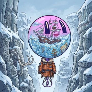 An illustration of an adventurer in an orange winter coat standing beneath a large, glowing spherical snow globe containing a pirate ship sailing on icy waters, surrounded by stone mammoth carvings.