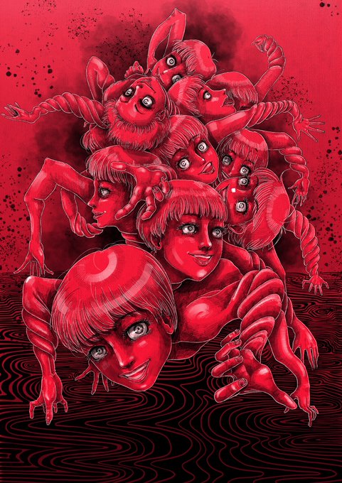 A disturbing horror-style illustration with a vivid red monochromatic palette, showing a towering pile of identical doll-like figures with wide eyes, multiple limbs, and bobbed hair stacked atop each other.