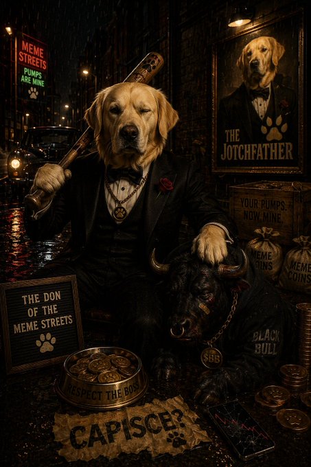 A cinematic, mafia-themed AI illustration titled 'THE JOTCHFATHER,' depicting a dog in a tuxedo wielding a bat next to a 'Black Bull,' surrounded by meme-coin imagery, bags of 'MEME COINS,' and the word 'CAPISCE?'
