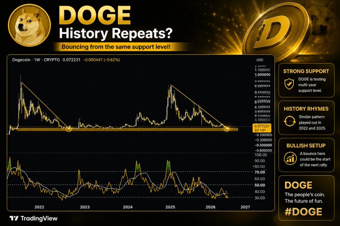 A TradingView chart of Dogecoin (DOGE/USD) on the weekly timeframe highlights a multi-year support level near $0.07 that has repeatedly triggered rallies, with the post caption "Easiest play this time around" emphasizing how the current bounce off that same support mirrors the 2022 and 2025 setups as a bullish entry opportunity.