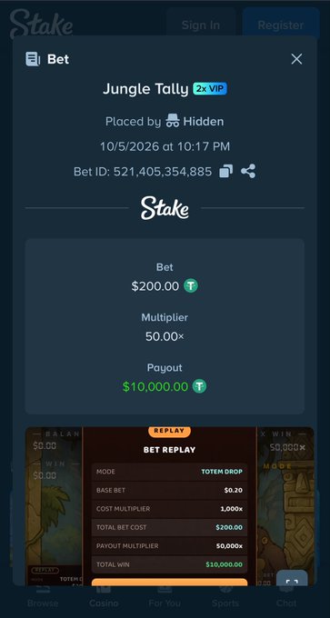 A Stake.com bet slip screenshot confirms a Jungle Tally 2x VIP win on Totem Drop, showing a $200.00 bet with a 50.00x multiplier yielding a $10,000.00 payout (Bet ID: 521,405,354,885), visually verifying the post's "$200 → $10,000 50,000x MAX WIN" claim.
