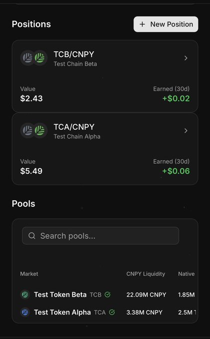 A cryptocurrency portfolio interface showing positions in TCB/CNPY (Test Chain Beta) and TCA/CNPY (Test Chain Alpha) pools with earned values.