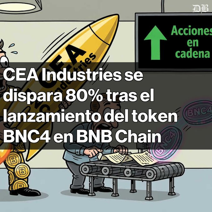 A cartoon depicting a factory production line with a rocket labeled "CEA Industries" and coins, with Spanish text overlay reading "CEA Industries se dispara 80% tras el lanzamiento del token BNC4 en BNB Chain."