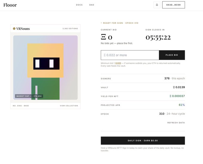 The image shows the flooor.fun interface for VRNouns (token 3382) with a "0.022 or more" amount field next to a "Place Bid" button, illustrating the new feature where users can simply click "Place Bid" to automatically bid 0.022 ETH, and if outbid, the field auto-updates to a higher amount for the next attempt.