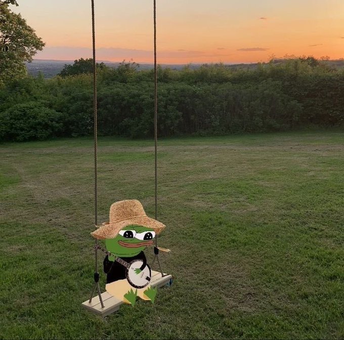 A cartoon Pepe the Frog character wearing a straw hat sits on a wooden swing in a grassy field, playing a banjo against a backdrop of trees and a sunset sky.