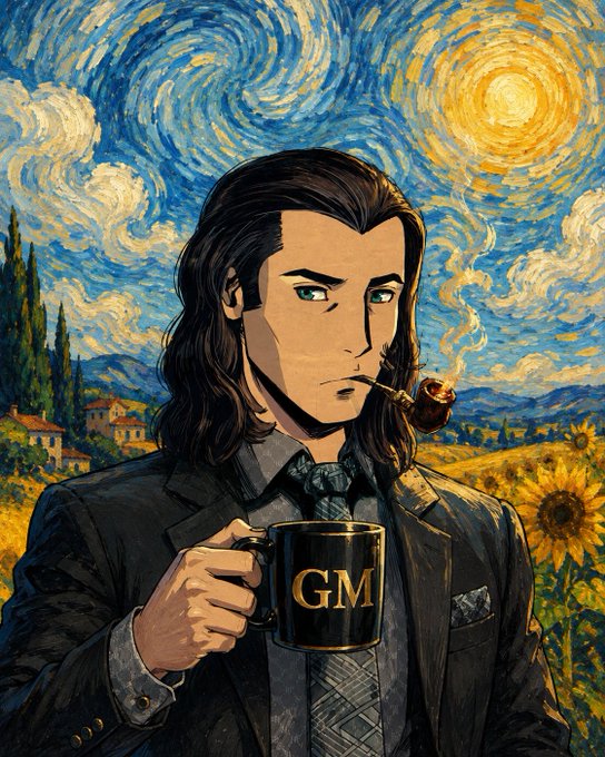 A stylized anime-style portrait of a long-haired man in a suit smoking a pipe and holding a black mug labeled "GM," set against a Van Gogh-inspired swirling sky and sunflower field. The "GM" mug ties directly to the post's "GM CT!" greeting, while the painterly, sun-drenched backdrop and relaxed pipe-smoking pose visually echo the "MAD Summer vibez still ON" energy.