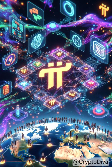 A vibrant digital artwork by @CryptoDiva depicting a glowing Pi cryptocurrency symbol surrounded by holographic icons and a network of people standing on a stylized globe.