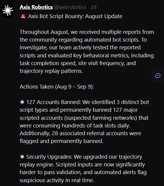 A post from Axis Robotics (@axisrobotics) titled 'Axis Bot Script Bounty: August Update' detailing the banning of 127 accounts and security upgrades against automated bot scripts.