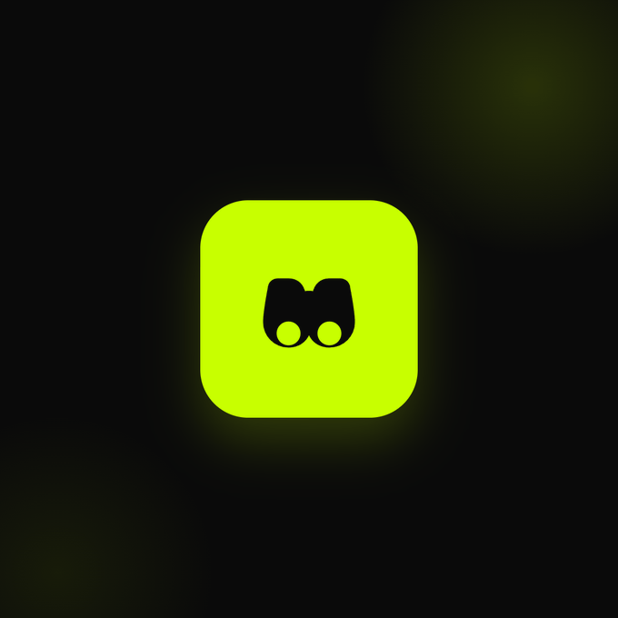 A bright green app icon featuring black binoculars on a black background.