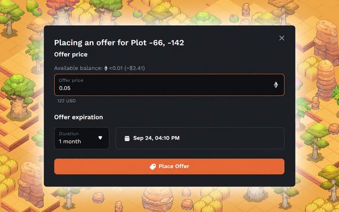 A marketplace modal titled "Placing an offer for Plot -66, -142" is shown over a cartoon-style landscape, displaying an offer price input of 0.05 ETH (~$122 USD) and an offer expiration of 1 month set to Sep 24, 04:10 PM, with a prominent orange "Place Offer" button to submit the bid.