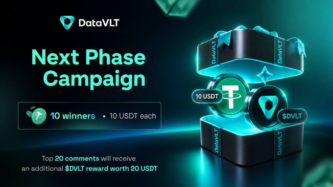 A promotional graphic for DataVLT's 'Next Phase Campaign' advertising 10 winners receiving 10 USDT each, plus an additional $DVLT reward worth 20 USDT for the top 20 comments, featuring an open gift box with crypto coins.