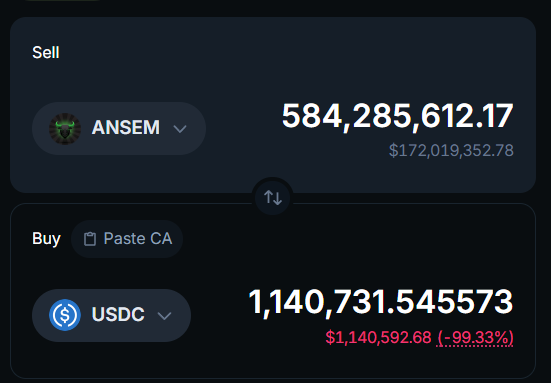 The image shows a token swap interface to sell 584,285,612.17 $ANSEM tokens (worth approximately $172M at the token's price) in exchange for 1,140,731.545573 USDC. This directly illustrates the post's claim, showing that liquidating 58% of the $ANSEM supply would yield roughly $1.14M in USDC—a 99.33% loss compared to the token's stated value of $1,140,592.68 per unit.