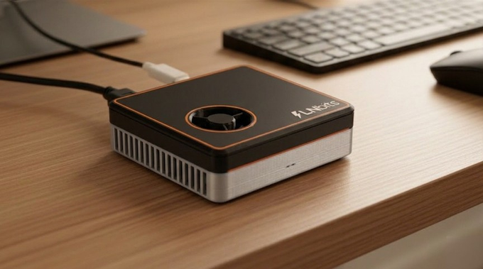 The image features a small computer device placed on top of a wooden desk next to a keyboard and mouse. The device appears to be a laptop or a portable hard drive with an integrated fan, suggesting that it might have some unique hardware capabilities. The post about Bark!! seems to be promoting the integration of Bark! hardware into other devices for enhanced performance and user experience.