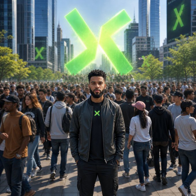 A young man wearing a black jacket with a green 'X' logo stands in front of a large crowd in a city setting, with a giant glowing green 'X' symbol floating behind him and 'X' logos visible on billboards.