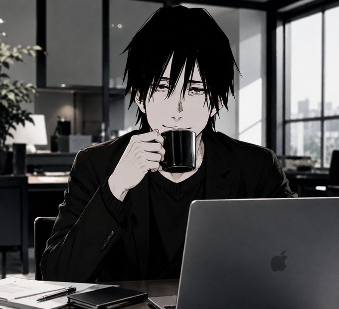An anime-style illustration of a young man with black hair in a dark suit drinking from a black mug while sitting at a desk with an Apple MacBook laptop in a modern office setting.