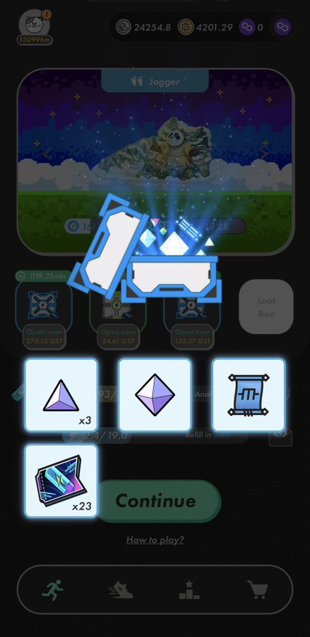 A mobile game screenshot shows a 'Jogger' unit with rewards screen displaying items like 3 pyramid-shaped gems and 23 cards above a 'Continue' button.