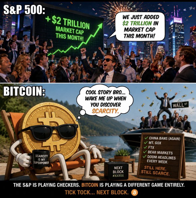 A two-panel meme contrasting the S&P 500's celebration of "+$2 TRILLION MARKET CAP THIS MONTH" with a relaxed Bitcoin figure (sitting in sunglasses, holding "SCARCITY IS MY SUPERPOWER" and "NEXT BLOCK #XXXXX") dismissing the news with "COOL STORY BRO... WAKE ME UP WHEN YOU DISCOVER SCARCITY," while a sign lists past crypto setbacks (China bans, Mt. Gox, FTX, Bear Markets, Doom Headlines) with the note "STILL HERE. STILL SCARCE." The bottom caption reads "THE S&P IS PLAYING CHECKERS. BITCOIN IS PLAYING A DIFFERENT GAME ENTIRELY. TICK TOCK... NEXT BLOCK."