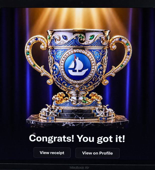 The image features a trophy with a sailboat design, placed on top of a marble base. The trophy appears to be made of gold or silver material, giving it an elegant appearance. The background of the image is blue, which complements the golden color of the trophy and adds depth to the scene. In the bottom right corner of the image, there's text that reads "Congratulations! You got it!". This message seems to be related to a social media post or a website, as indicated by the use of the hashtag #baseopensea.io/collection/wor.