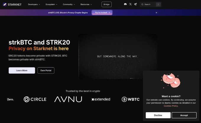 The Starknet website homepage announcing 'strkBTC and STRK20' with the headline 'Privacy on Starknet is here', along with partner logos like Circle and Avnu, and a cookie consent popup.