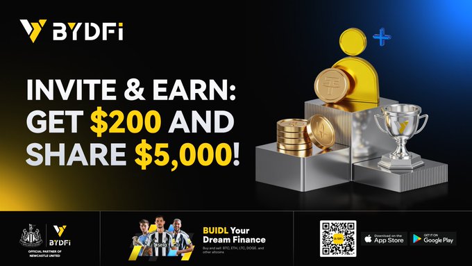 A BYDFi promotional banner advertises an "Invite & Earn" referral campaign offering $200 per invite and a share of a $5,000 reward pool, featuring a golden figure with coins on a podium alongside a trophy, with event dates running from July 30 to August 16, 2026 (UTC+8), and includes a QR code and Manchester City partnership branding.