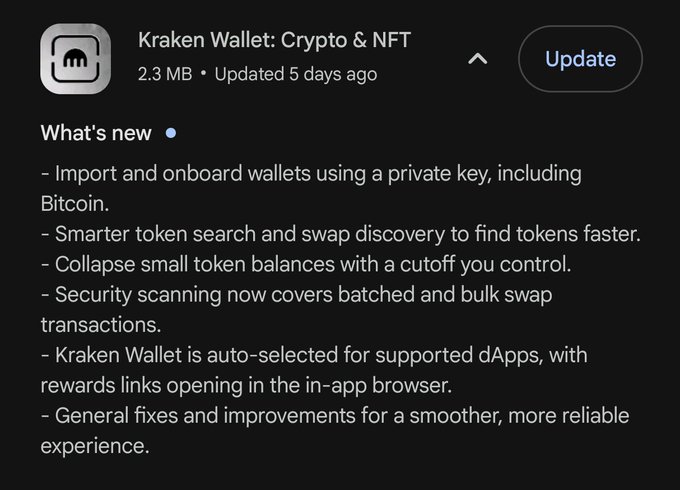 An app store update screen for "Kraken Wallet: Crypto & NFT" (2.3 MB, updated 5 days ago) listing new features including wallet importing via private key, smarter token search, collapsible small balances, and improved security scanning.