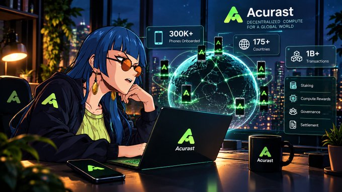 An anime-style girl works on a laptop branded with the "Acurast" logo, surrounded by floating data points highlighting Acurast's decentralized compute network reaching 300K+ onboarded phones across 175+ countries and 1B+ transactions, visually reinforcing the post's message about harnessing everyday smartphone power for global decentralized computing.