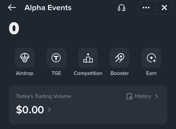 A mobile app screen titled 'Alpha Events' showing options for Airdrop, TGE, Competition, Booster, and Earn, with 'Today's Trading Volume' at $0.00.