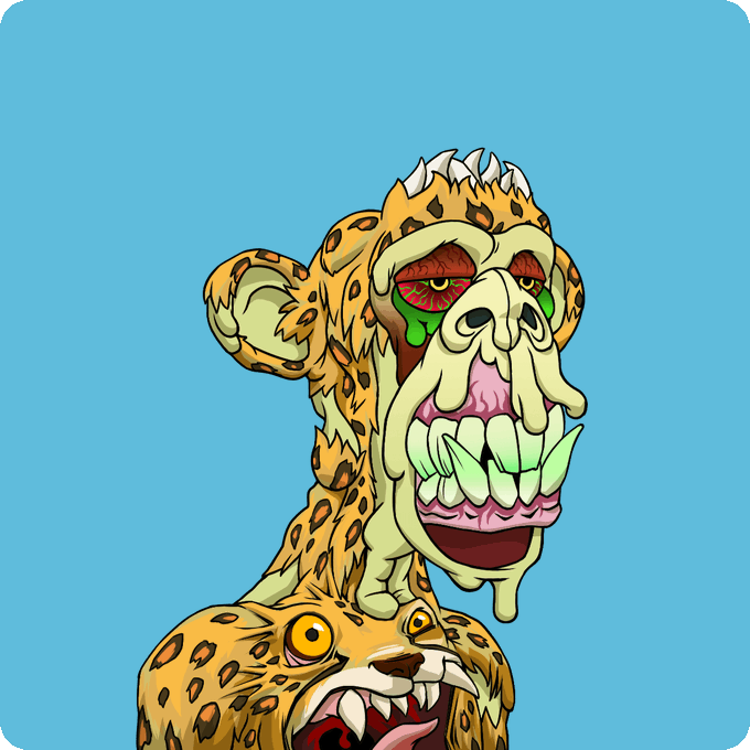 The image features a cartoon monkey with a face painted like a human, wearing a leopard print outfit that includes a mask covering its eyes. The monkey has teeth missing from its mouth and appears to be holding a gun. The background of the image is blue, which contrasts with the monkey's appearance. The caption below the image reads: "Mutant #18311 Bought for 2.25 ETH p4blo.eth 0x3089...D765 etherscan.io/tx/0x1f3ef74ad ... Return to Monke: opensea.io/collection/mut ... mutants are insane".