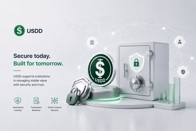 A promotional graphic for USDD stablecoin featuring a secure vault, coin with dollar symbol, and tagline 'Secure today. Built for tomorrow.', highlighting Institutional Custody, Transparent Reserves, and Smart Contract Security.