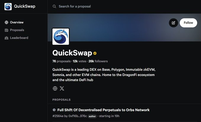 The image shows a screenshot of a social media page, possibly a Twitter or Instagram account for QuickSwapDex. The main focus of the image is a post that says "QuickSwap Dex is voting to make @orbs_network its default perpetuals provider across every chain it operates on." This post has been shared by @orbs_network and is gaining traction, with over 50 likes and 20 shares in just one day. The post also mentions the name of a person who contributed to the idea behind using a peer-to-peer network for perpetuals.