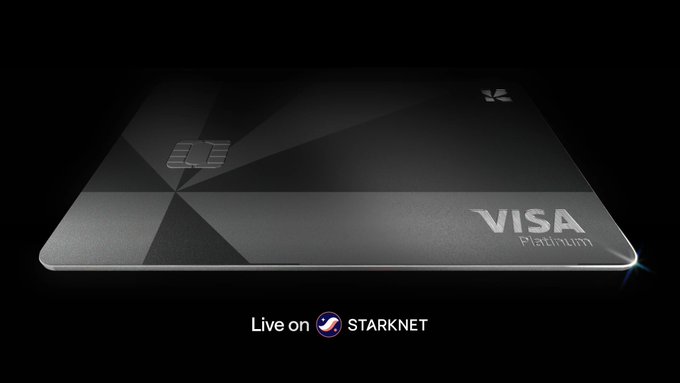 The image shows a black Visa Platinum credit card with a silver stripe running down its center, placed against a dark background. The text "Live on Starknet" is displayed below the card, indicating that the card is live on Starknet's website.