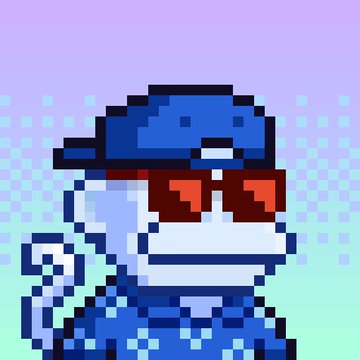 A pixel art illustration of a snowman wearing a blue cap, red sunglasses, and a blue scarf against a light purple background with blue pixels.