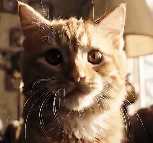 Close-up portrait of a calico cat looking upward with big eyes, illuminated by warm indoor lighting.