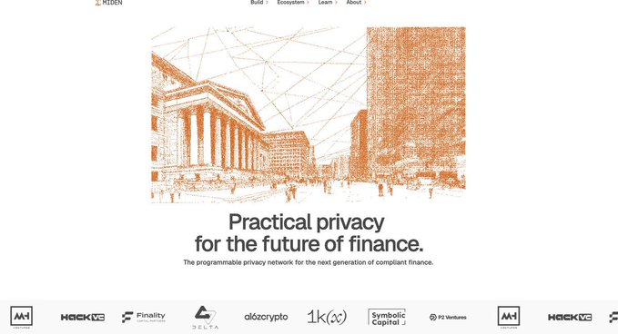The image shows a website with an orange background featuring a drawing of a building and people walking around it. The text at the bottom of the image reads "That's good Monday, Why do I keep posting about @0xMiden because I'm bullish on privacy, Not the hide everything approach not the expose everything approach, Just practical privacy". This message is related to the website's theme as it promotes privacy and control over personal information. The website appears to be discussing the importance of privacy in today's digital age, which aligns with the main idea of the image.