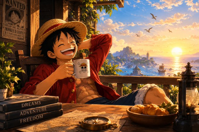An anime-style illustration of a boy in a straw hat laughing while holding a mug, sitting at a table with books labeled 'DREAMS', 'ADVENTURE', and 'FREEDOM' against a sunset ocean backdrop, with a 'WANTED' poster partially visible.