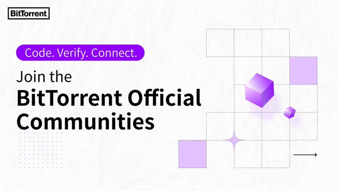 A promotional banner featuring the BitTorrent logo that reads 'Code. Verify. Connect. Join the BitTorrent Official Communities' alongside purple geometric cube graphics.