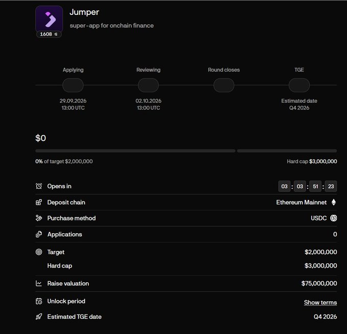 Screenshot of a crypto project page for 'Jumper' described as a 'super-app for onchain finance', showing fundraising timeline, $2,000,000 target, $3,000,000 hard cap, $75,000,000 valuation, and Ethereum Mainnet deposit details.