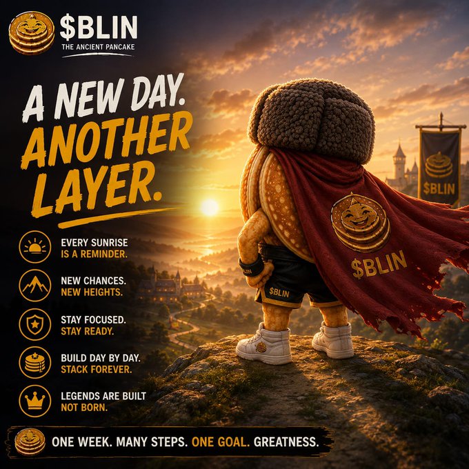 A promotional graphic for '$BLIN THE ANCIENT PANCAKE' features a pancake-stacked character wearing a red cape with a '$BLIN' emblem, alongside the slogan 'A NEW DAY. ANOTHER LAYER.' and motivational text including 'ONE WEEK. MANY STEPS. ONE GOAL. GREATNESS.'