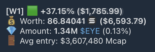 A wallet summary showing [W1] portfolio entry with +37.15% gain ($1,785.99), total worth of 86.84041 (~$6,593.79), holding 1.34M $EYE tokens (0.13%), with an average entry market cap of $3,607,480.