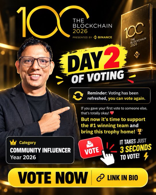 A promotional graphic for 'THE BLOCKCHAIN 100 2026' Day 2 of voting, presented by Binance, featuring a man pointing toward the text. It encourages voting for the 'COMMUNITY INFLUENCER' category, stating 'VOTE NOW' with a 'LINK IN BIO.'