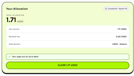 A green-themed 'Your Allocation' interface showing a total of 1.71 USDC available to claim, with a network fee of 0.34 USDC on the USDC-Solana network.