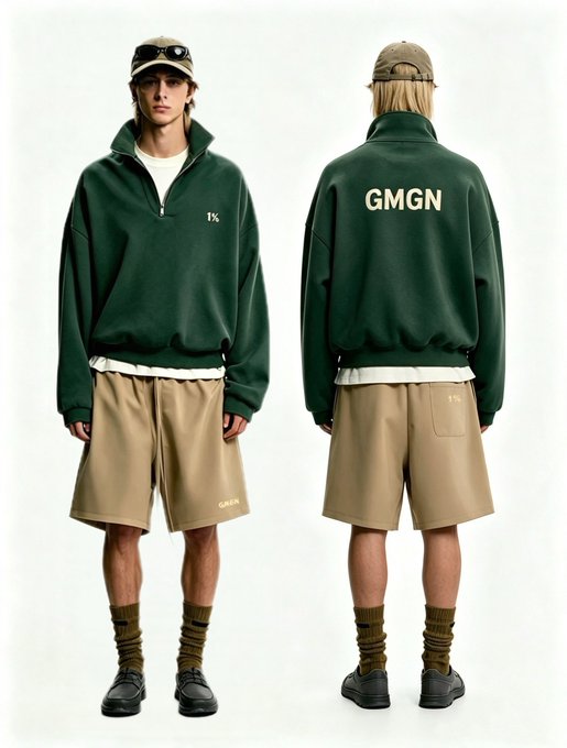 A fashion product photo shows a model from front and back views wearing a dark green quarter-zip sweatshirt with "GMGN" printed on the back, paired with tan shorts, a cap, and brown socks.