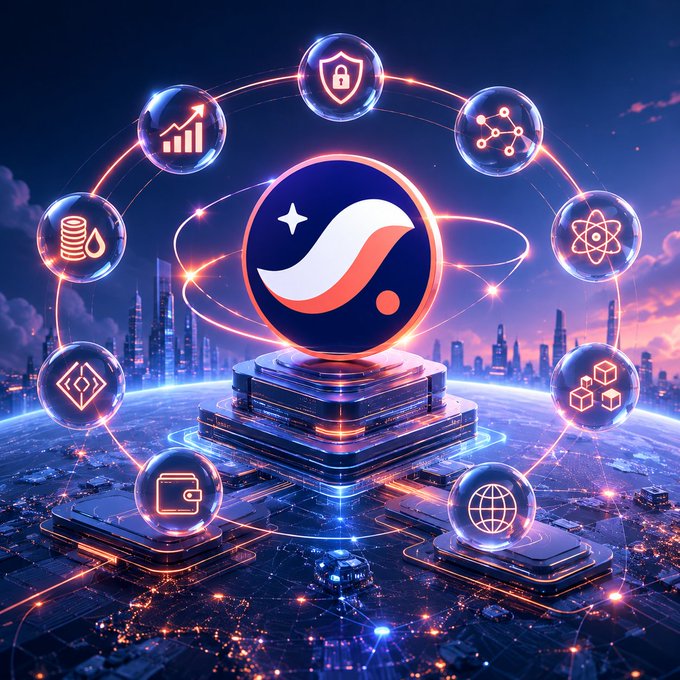 A futuristic digital illustration featuring a glowing wave/dolphin logo in a central sphere surrounded by orbiting icons (security shield, charts, network, atom, cubes, globe, wallet, code brackets) atop a circuit board platform with a city skyline background.