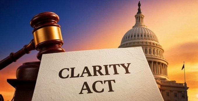 An image depicting the 'CLARITY ACT' displayed on a document with a wooden gavel on the left and the US Capitol building in the background under an orange sunset sky.