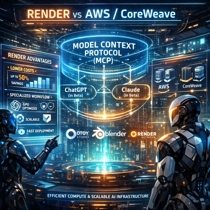 A futuristic sci-fi illustration comparing RENDER vs AWS/CoreWeave, showing "MODEL CONTEXT PROTOCOL (MCP)" connecting ChatGPT and Claude, with Render advantages listed including "UP TO 50% SAVINGS" and "GPU OPTIMIZED".