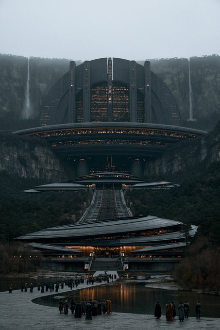 A dramatic sci-fi style image of a massive futuristic domed structure built into misty mountains, with crowds gathered at the base near waterfalls.