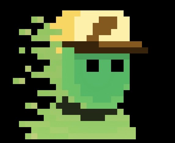 Pixel art illustration of a green ghost-like character wearing a brown and cream cap, with a fragmented body trailing behind it.