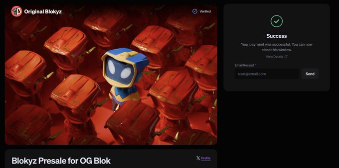 A payment confirmation shows “Success” for a Blokyz Presale purchase from verified “Original Blokyz,” alongside “Blokyz Presale for OG Blok” artwork. It supports the post announcing the successful presale buy and anticipation of the upcoming fair launch.