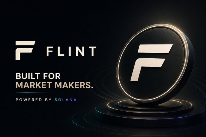 A promotional graphic for 'FLINT', a platform built for market makers, featuring its gold and black coin logo and the text 'POWERED BY SOLANA'.