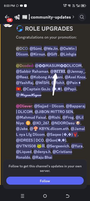 A screenshot of a Discord channel 'community-updates' showing 'ROLE UPGRADES' with lists of usernames, with an arrow pointing at a specific handle.